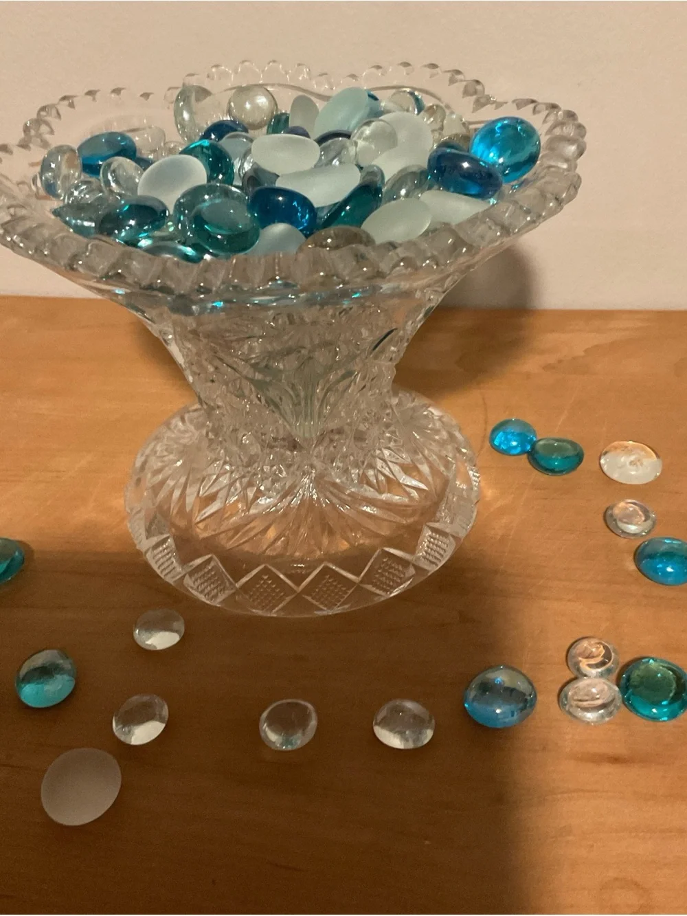 Cut Glass Compote Filled with Blue & Aqua Glass Gems